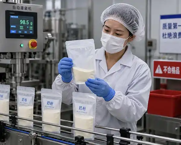 Close-up of an operator inspecting an underfilled pouch on a production line, looking frustrated
