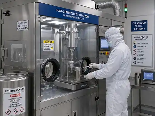 Dust‑controlled filling zone for lithium powder – operator in cleanroom suit
