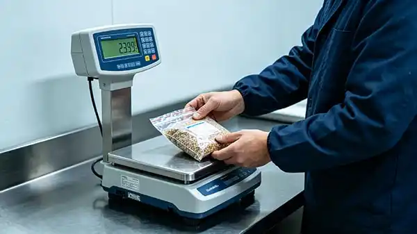 Operator using a digital check scale to verify fill weight with sample pouches