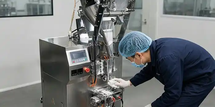 Operator wiping spilled powder from a filling machine's control panel, showing visible residue around sealing jaws